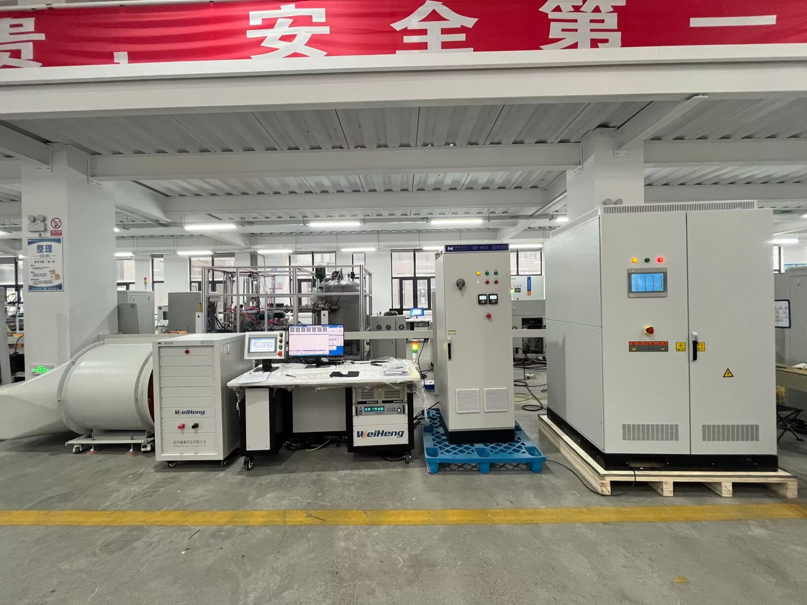 Real Weiheng EV motor test system with loading, control, power, cooling, and operator equipment