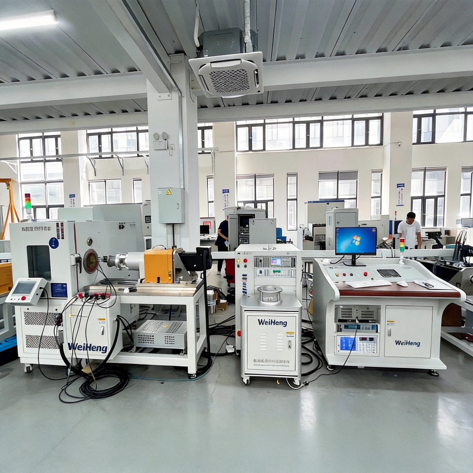 Real Weiheng R&D motor test bench with loading equipment, instruments, and control cabinet