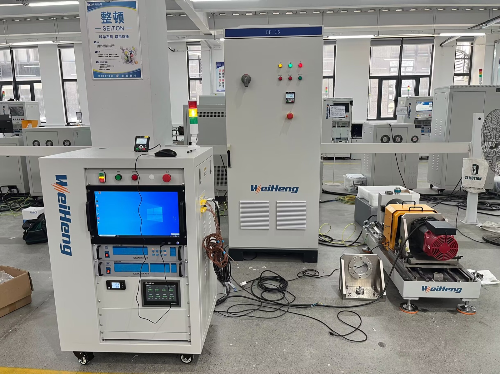 Original Weiheng servo motor test system with control cabinet, measurement equipment, loading bench, and motor fixture